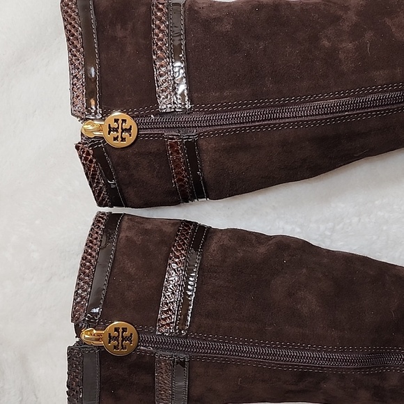 Tory Burch Uma Brown Genuine Suede Knee High Full Zip Trim Riding Boots Sz 7 - Picture 8 of 16